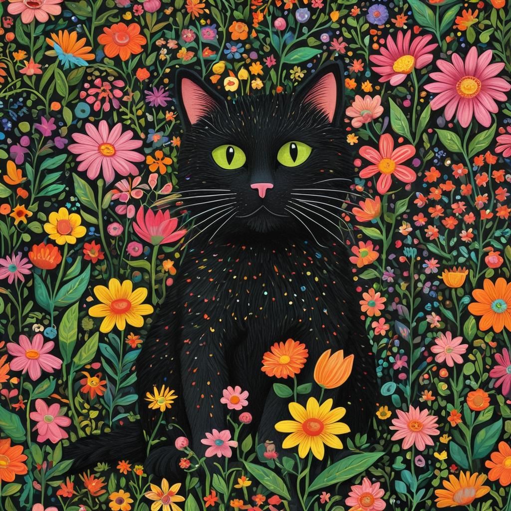 Black Cat in Flower Garden: Naive Folk Art