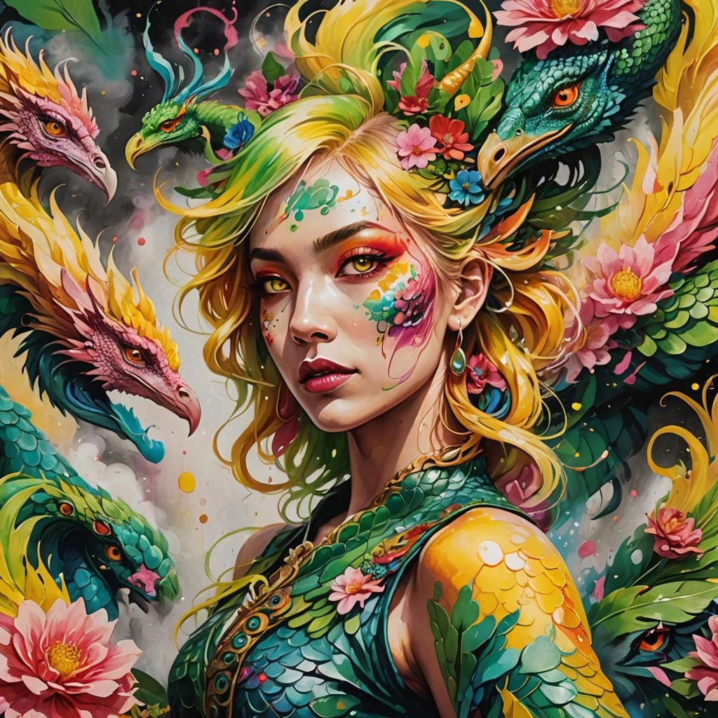 Colorful Dragon Peacock Woman in Graffiti Art Style