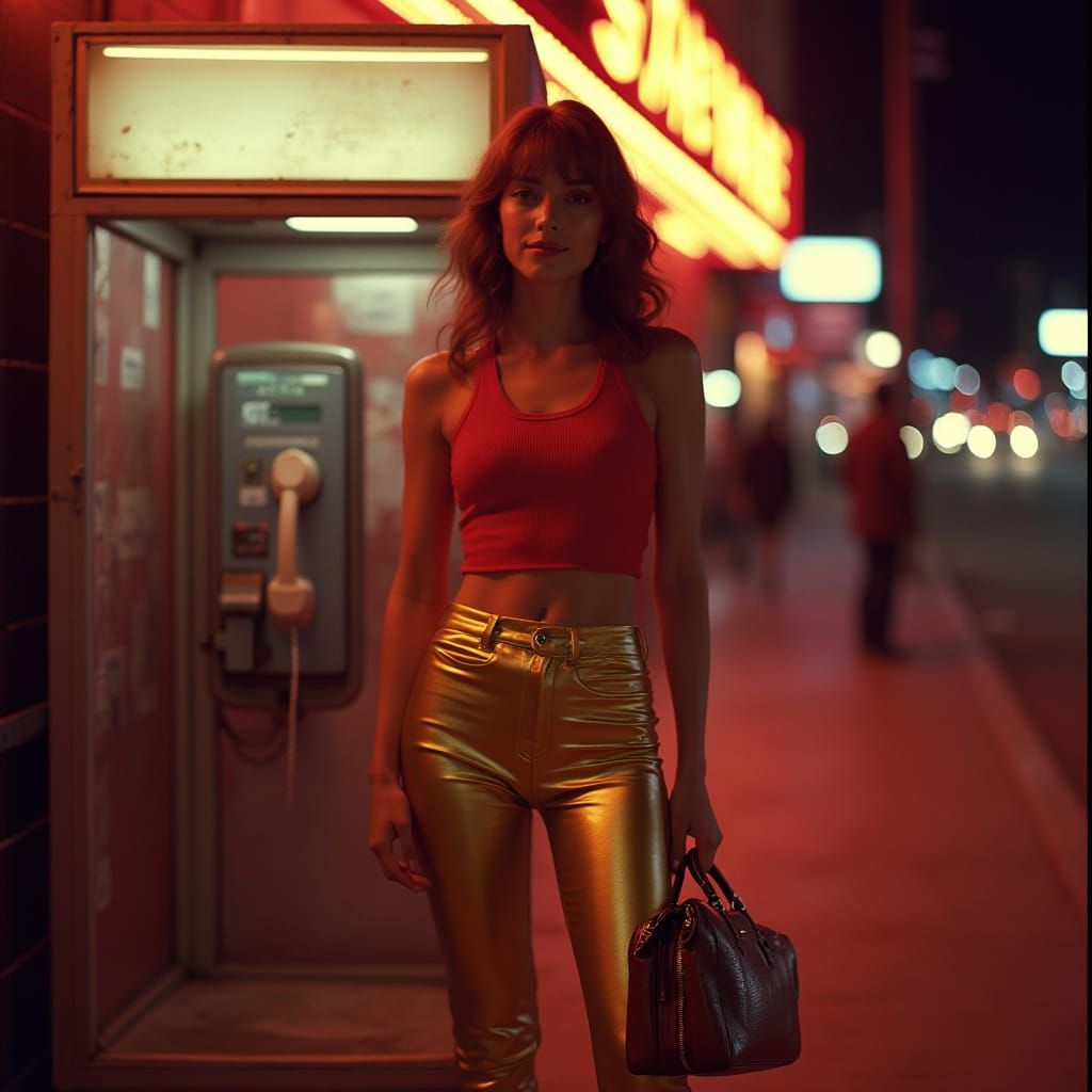 Woman on a Neon-Lit Street Corner in 1970s Style