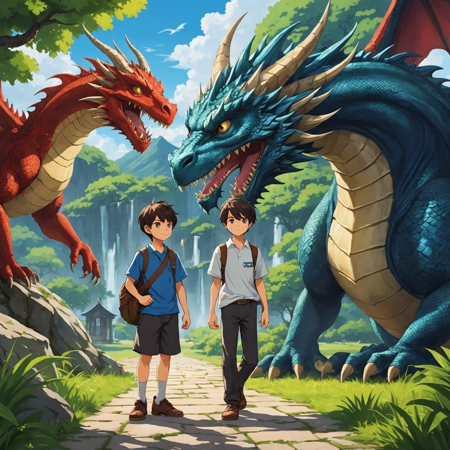 Dragon and Student Boy in Anime Style