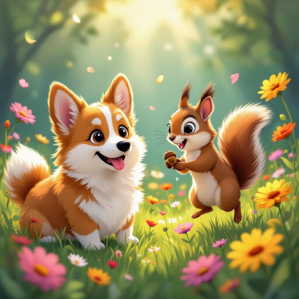 Fluffy Corgi and Squirrel Play in Wildflowers Digital Art