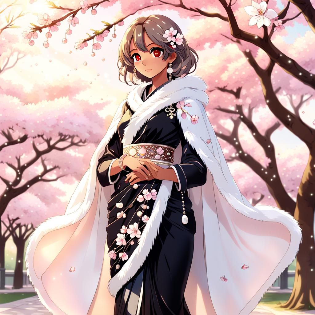 Anime Woman in Saree Under Cherry Blossom Tree