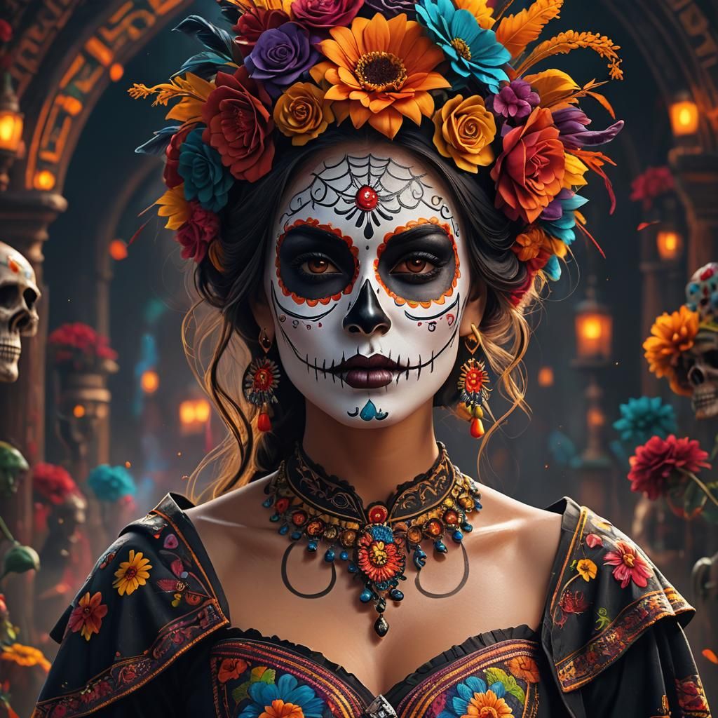 Woman with Colorful Día de los Muertos Face Paint