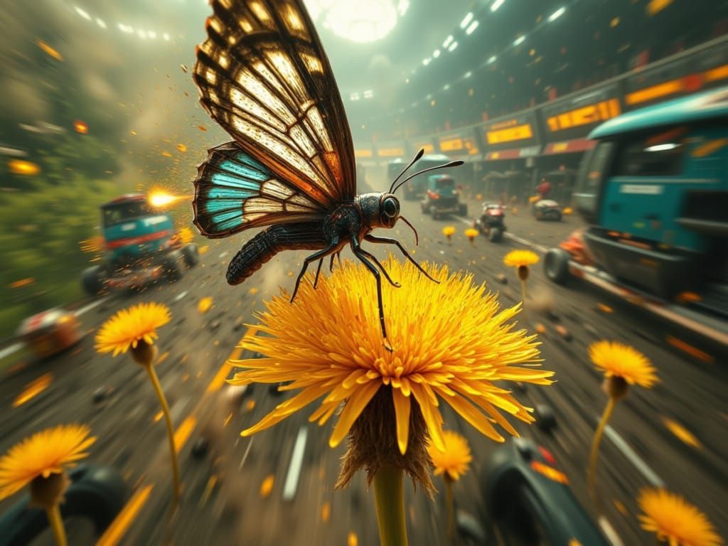 Glowing Alien Butterfly on Sparkling Dandelion