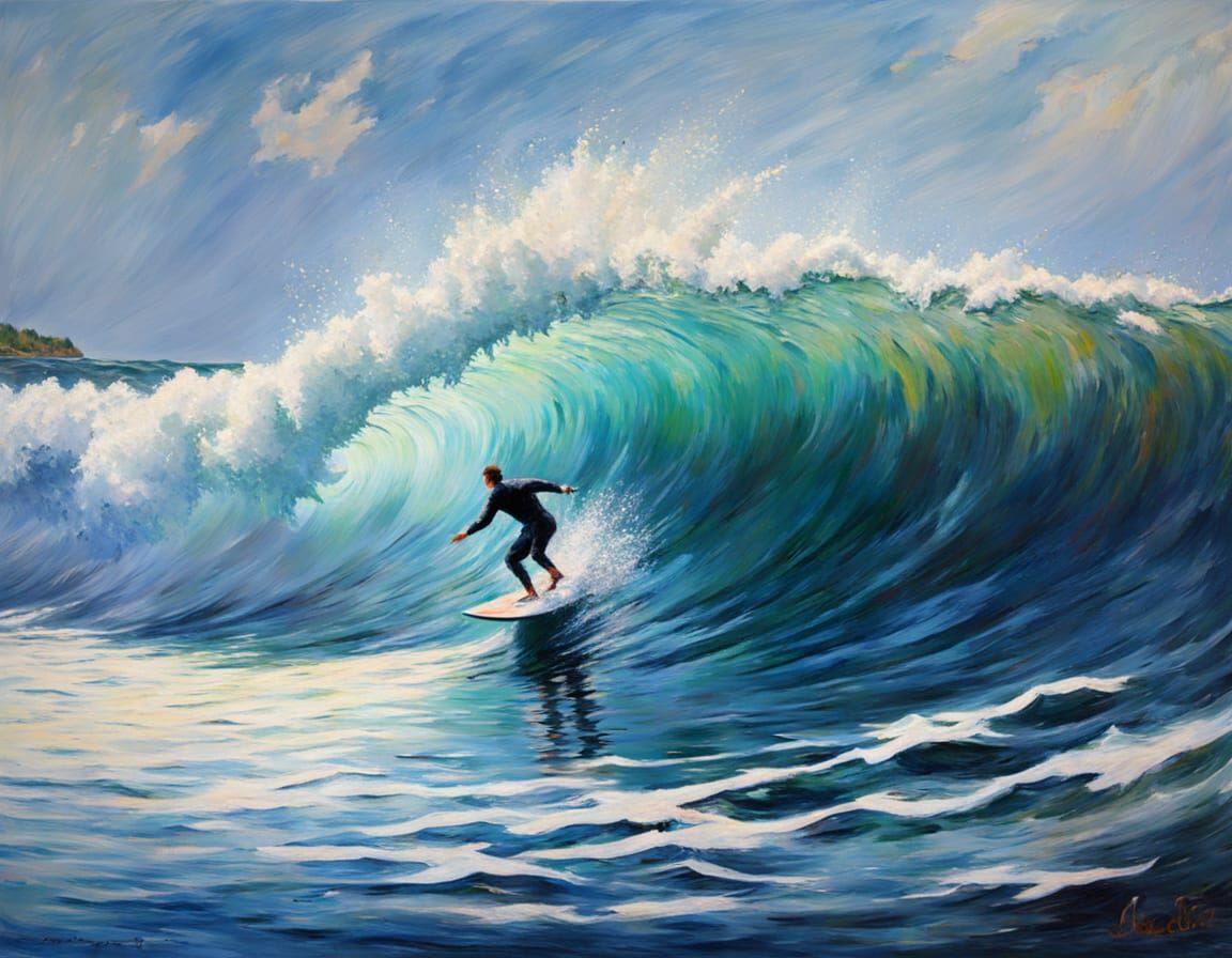 A Dreamlike Impressionist Scene of a Surfer Riding the Waves