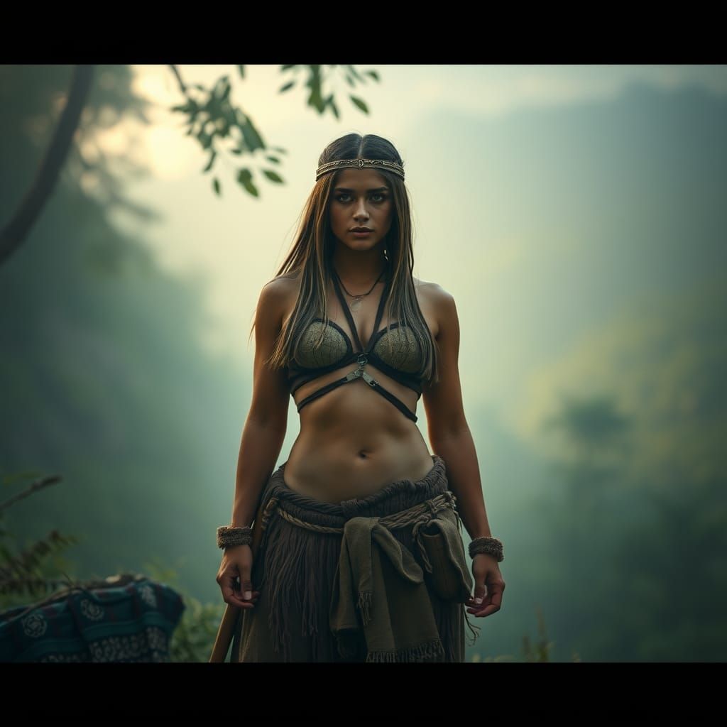 Prehistoric Woman in Primeval Landscape with Cinematic Light...