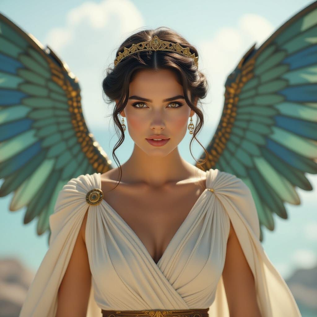 Greek Woman with Iridescent Wings in Flight