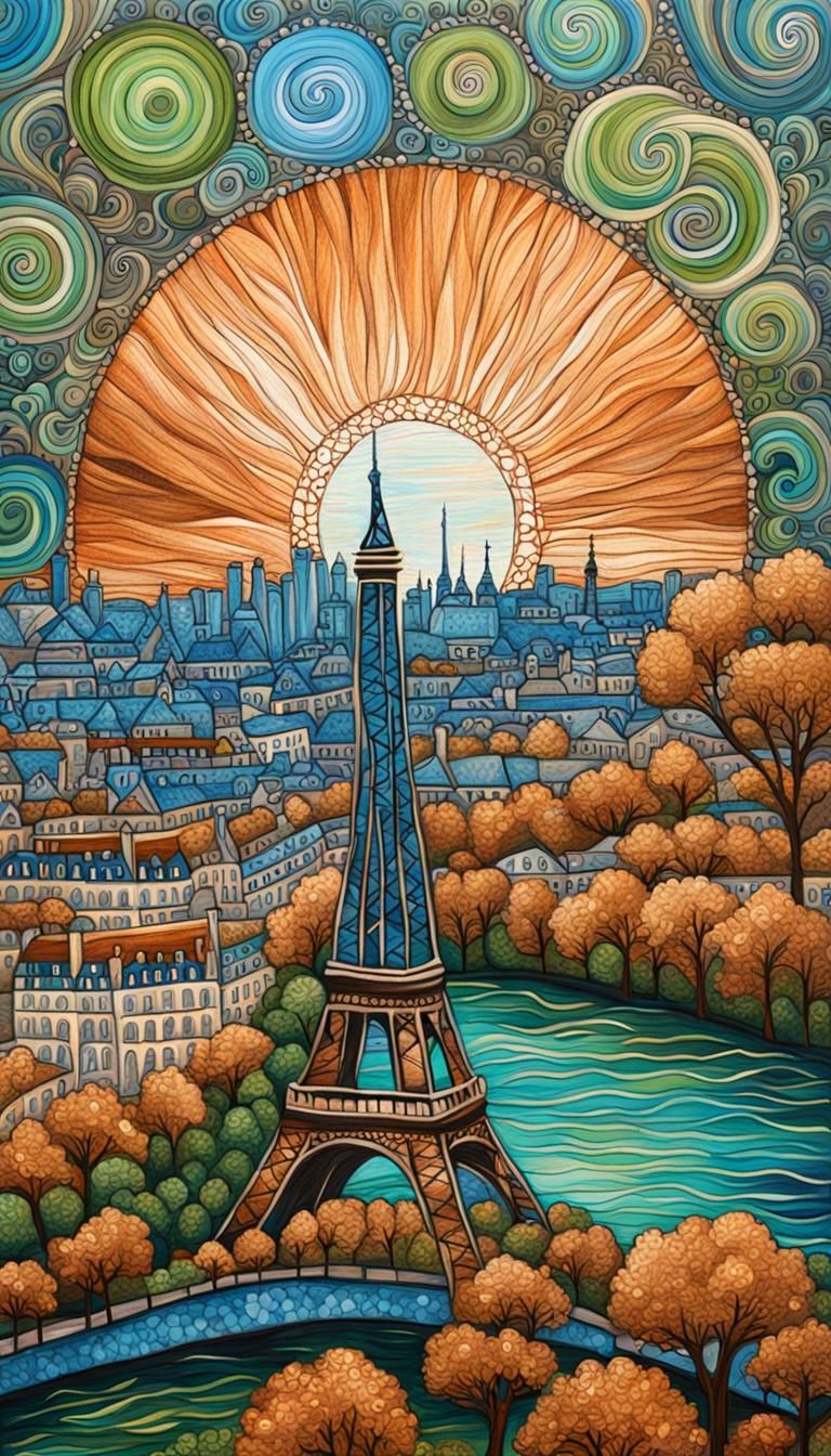 Paris Sunset in Zentangle Oil Painting Style