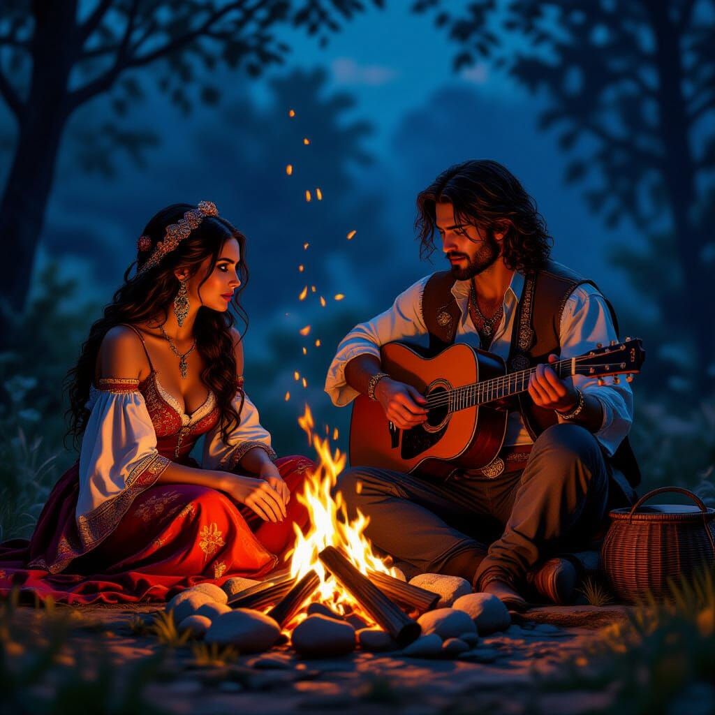 Gypsy Couple by Bonfire with Guitarist