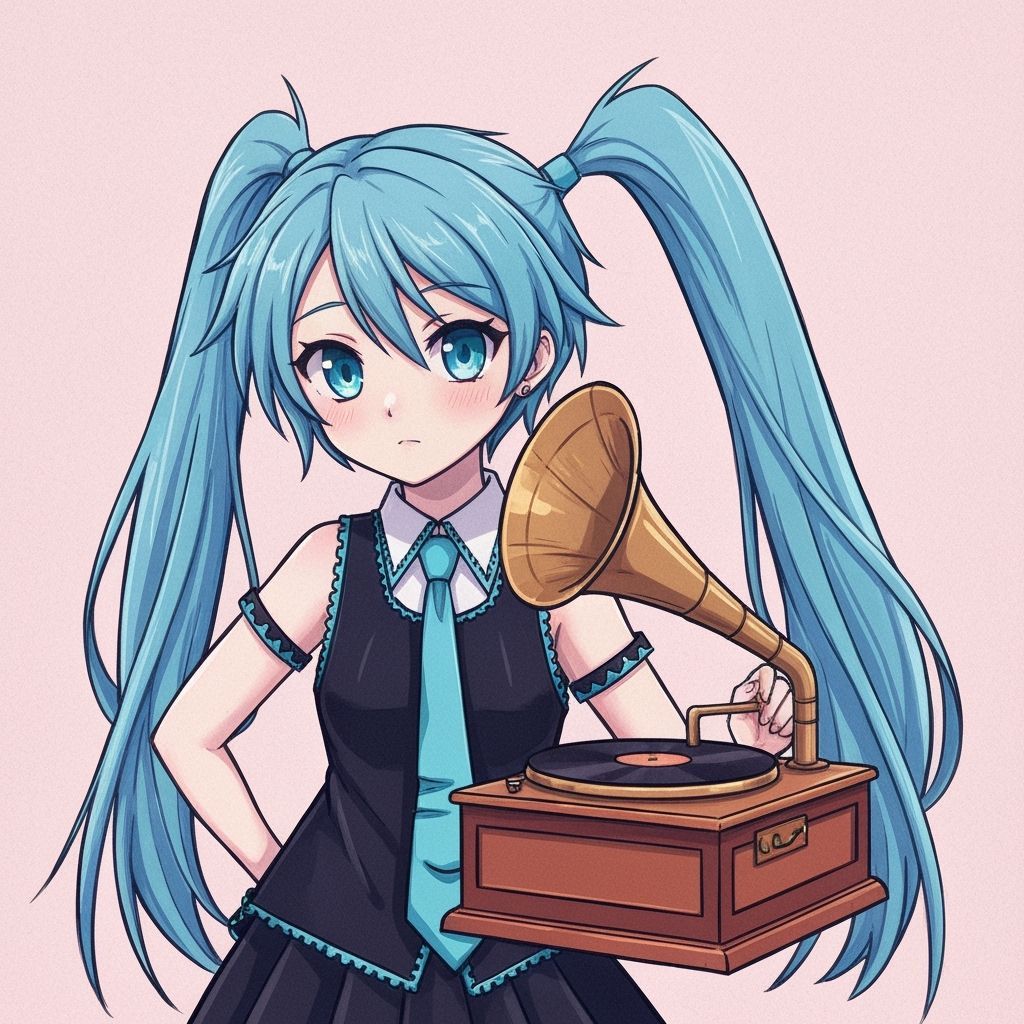 Hatsune Miku DJing with a Gramophone