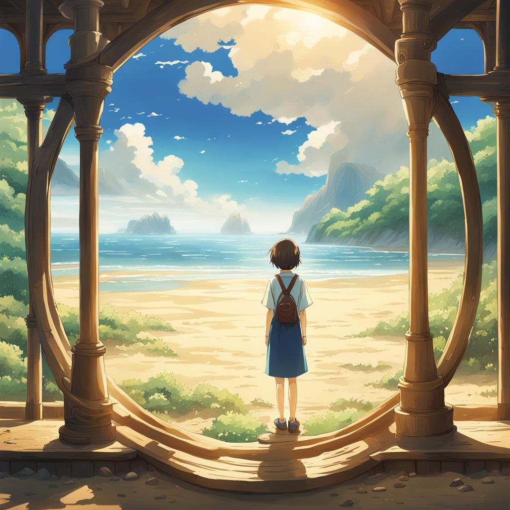 Anime Woman Watches Hourglass in Ghibli Style