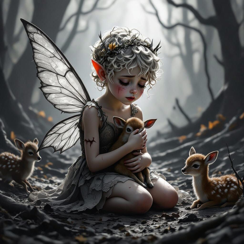 Young Fairy Cradles Injured Deer in Grayscale Ruined Forest