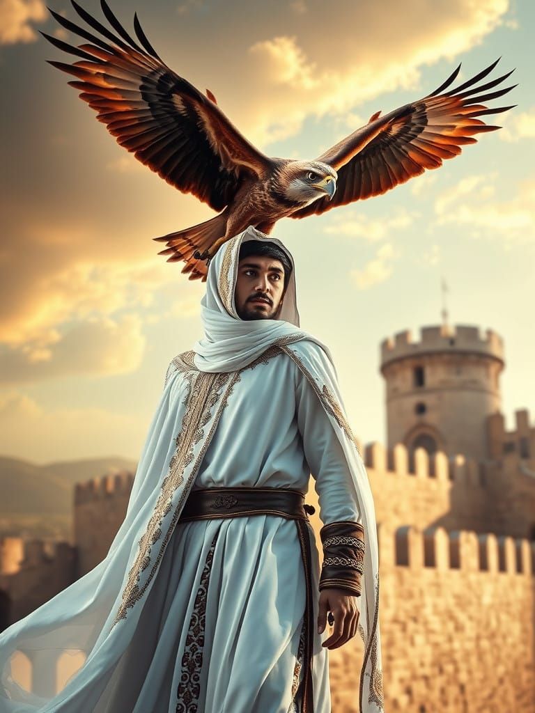 Young Caliph on Fortress Wall, Majestic Hawk Soars in Double...