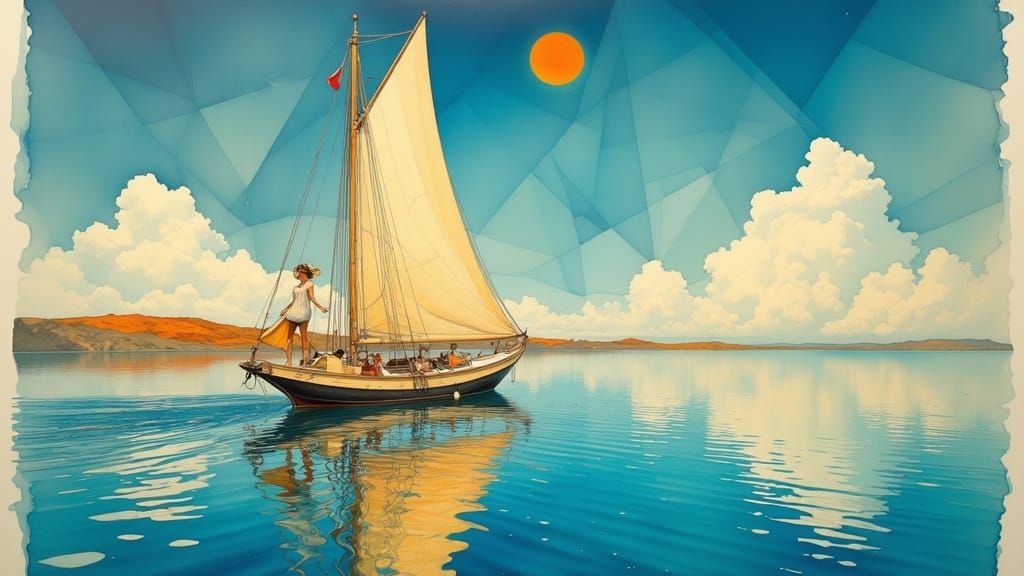 Elegant Woman on Lake in Surrealist Style