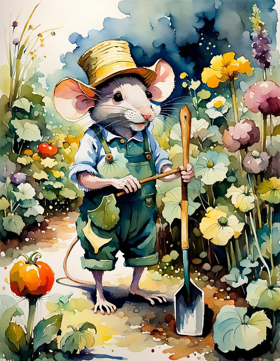 Whimsical Watercolour Garden Scene with Elderly Mouse Garden...