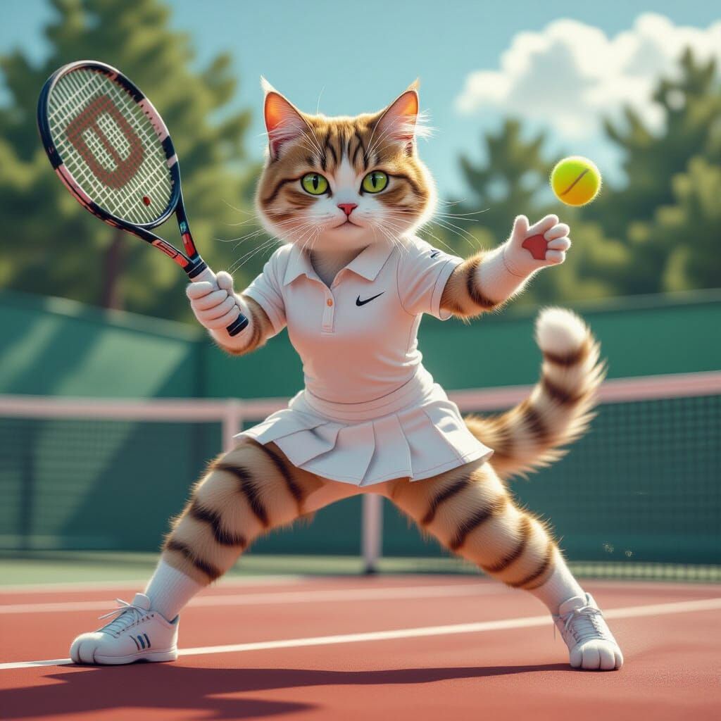 Cat Tennis Player in Futuristic Magazine Style