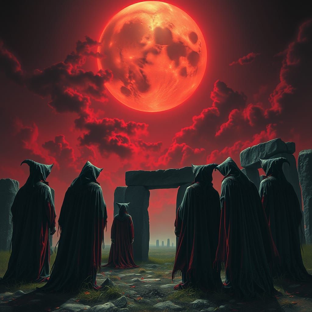 Witches' Coven at Stonehenge Under Blood Moon