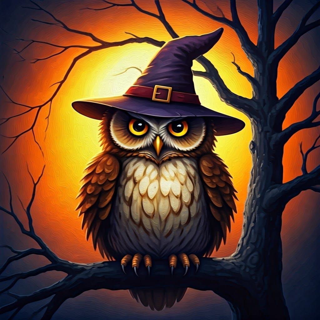 Whimsical Halloween Owl in Gouache Style