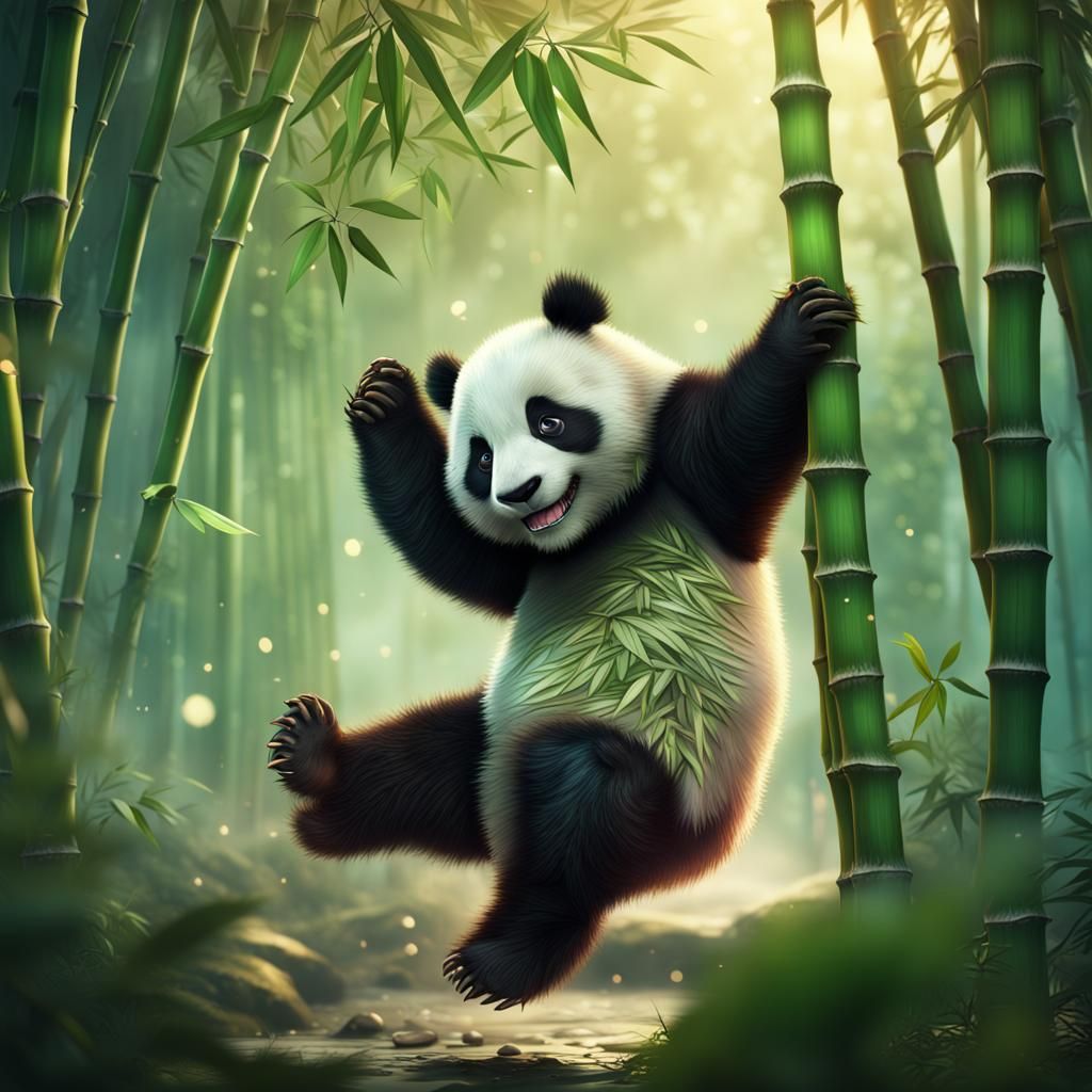 Cute Panda's Accidental Descent in Magical Forest