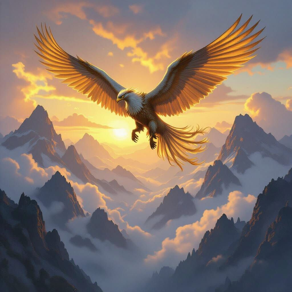 Griffin Soaring Over Misty Mountains at Dawn