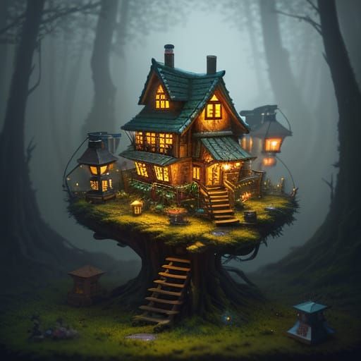 Miniature Worlds in Misty Forest: Digital Concept Art