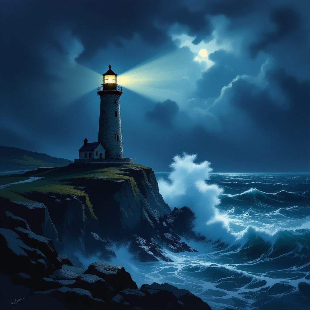 Ancient Lighthouse in Stormy Night, Painterly Style