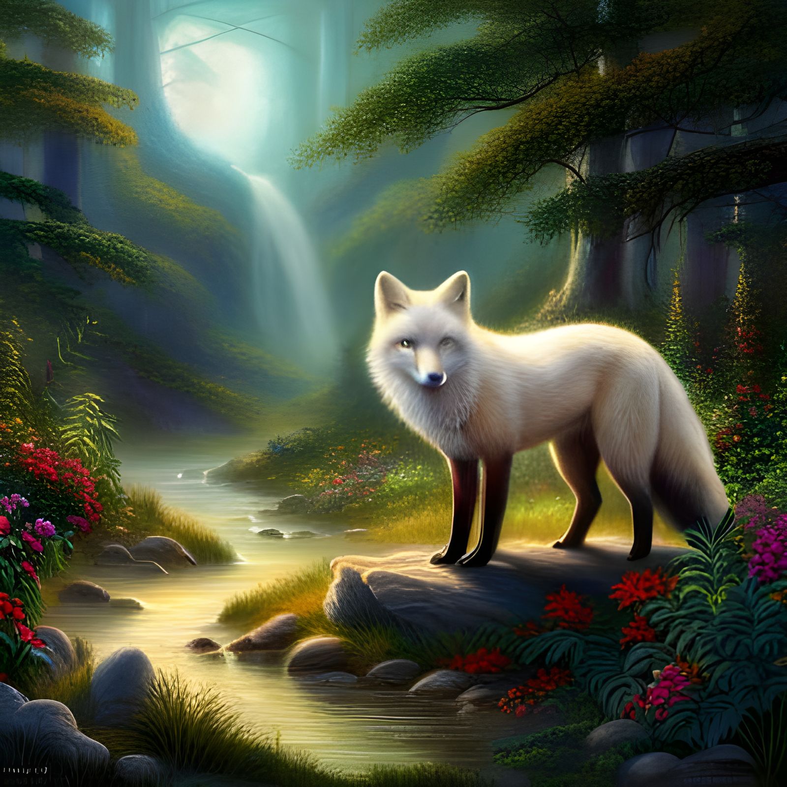 Majestic White Fox in Ethereal Forest