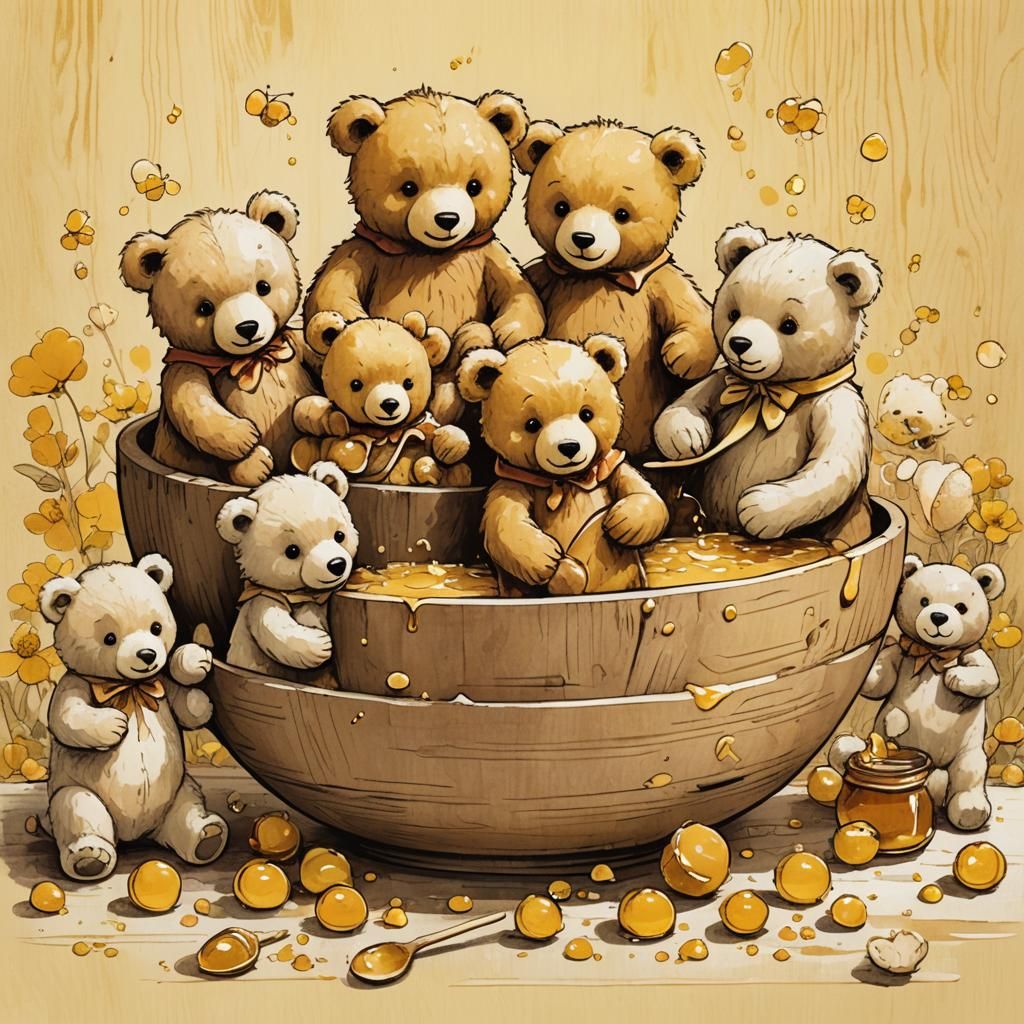 Teddy Bears Enjoying Honey: Children's Book Illustration