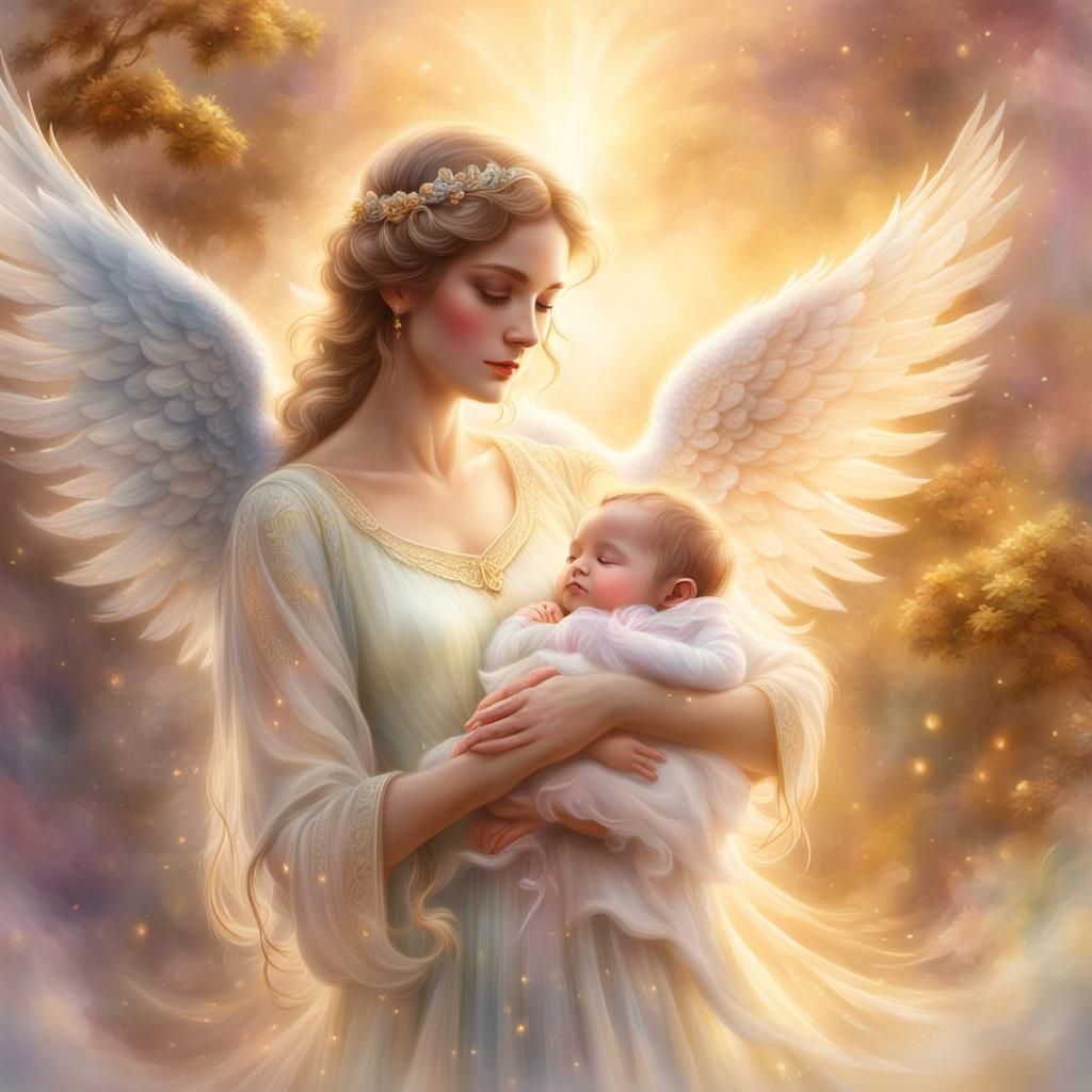 Angel Holding Baby in Ethereal Golden Light