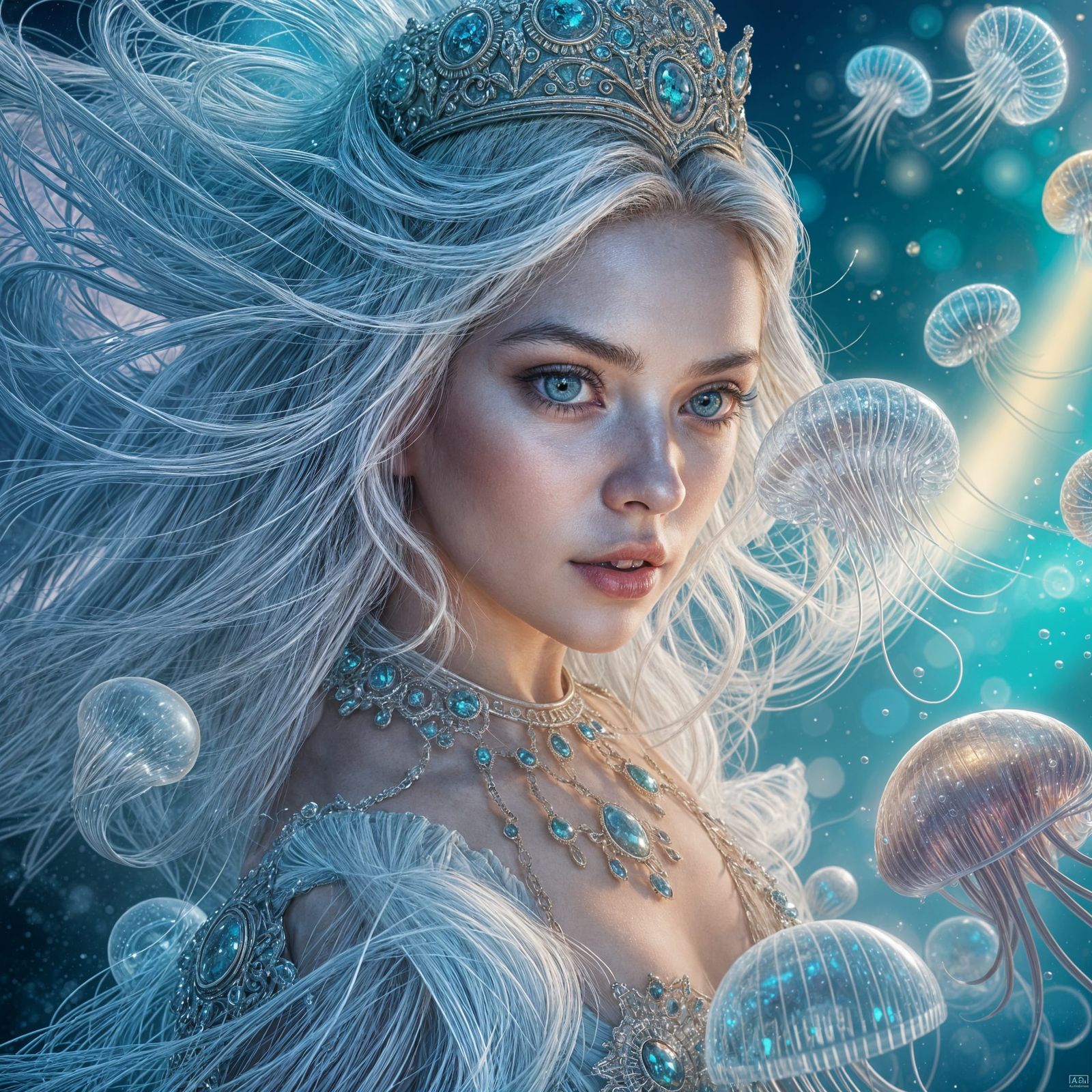 Albino Princess Fighting Jellyfish in Quantum World