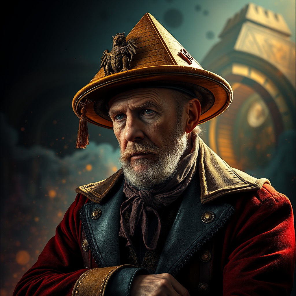 History Professor with Golden Pyramid Hat in Chiaroscuro