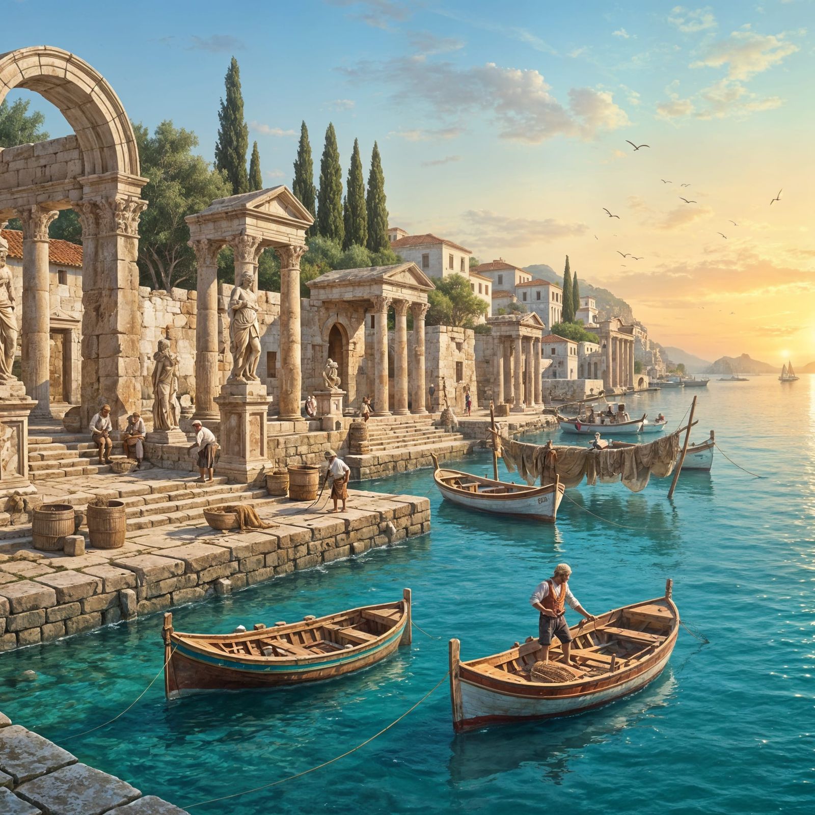 Sunrise Over Ancient Mediterranean Harbor in Classical Style