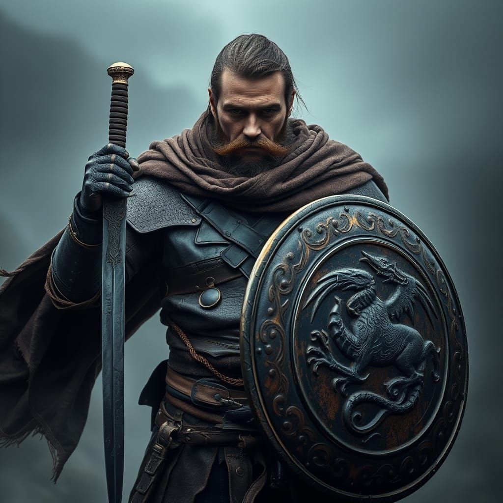 Warrior in Moody, Hyperrealistic Armor, Clad in Worn Leather...