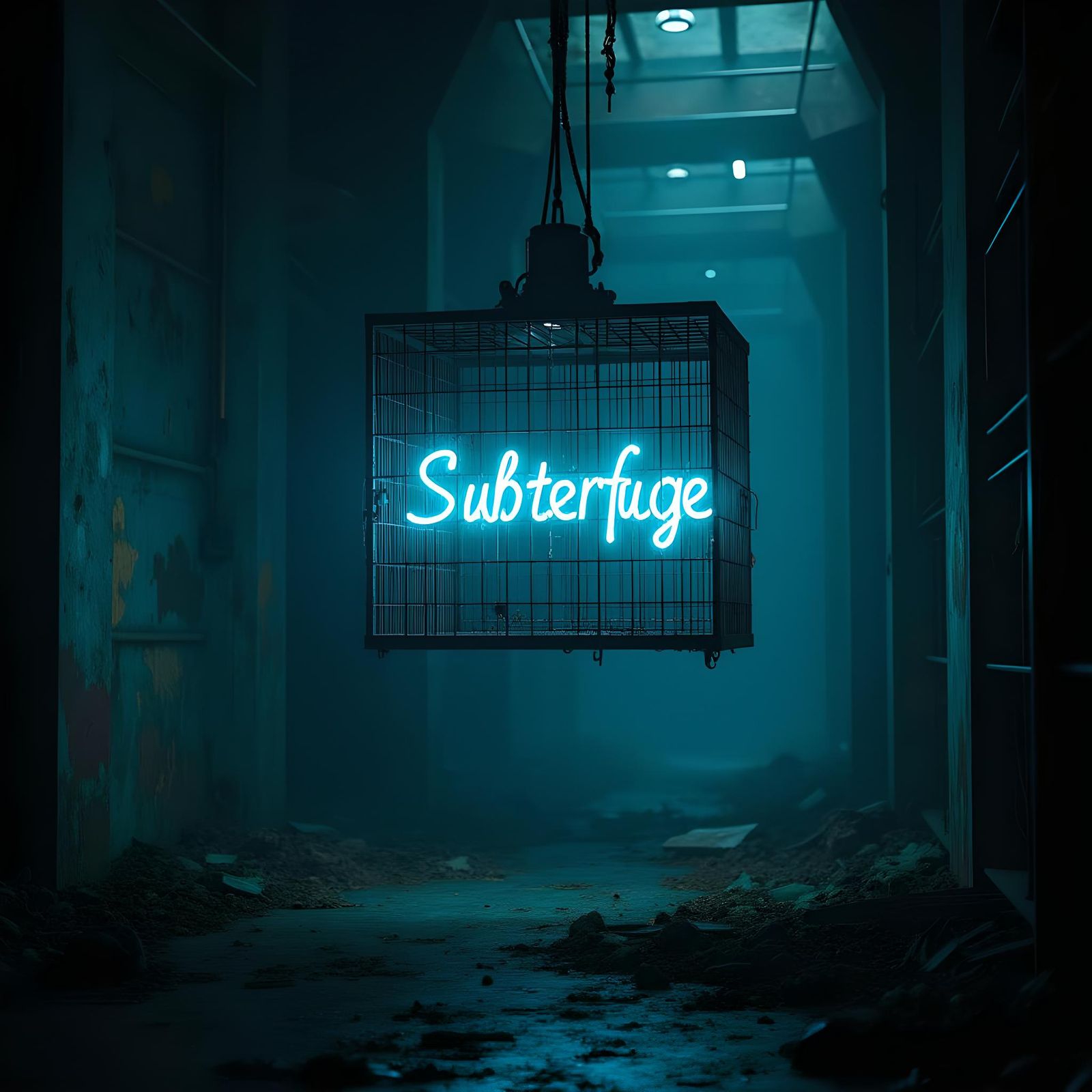 Neon "Subterfuge" Text in Abandoned Warehouse