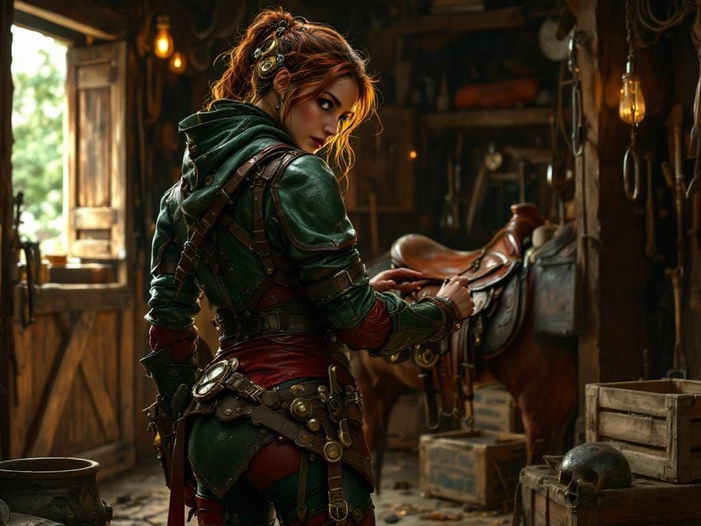 Steampunk Lady Prepares Her Horse for the Hunt