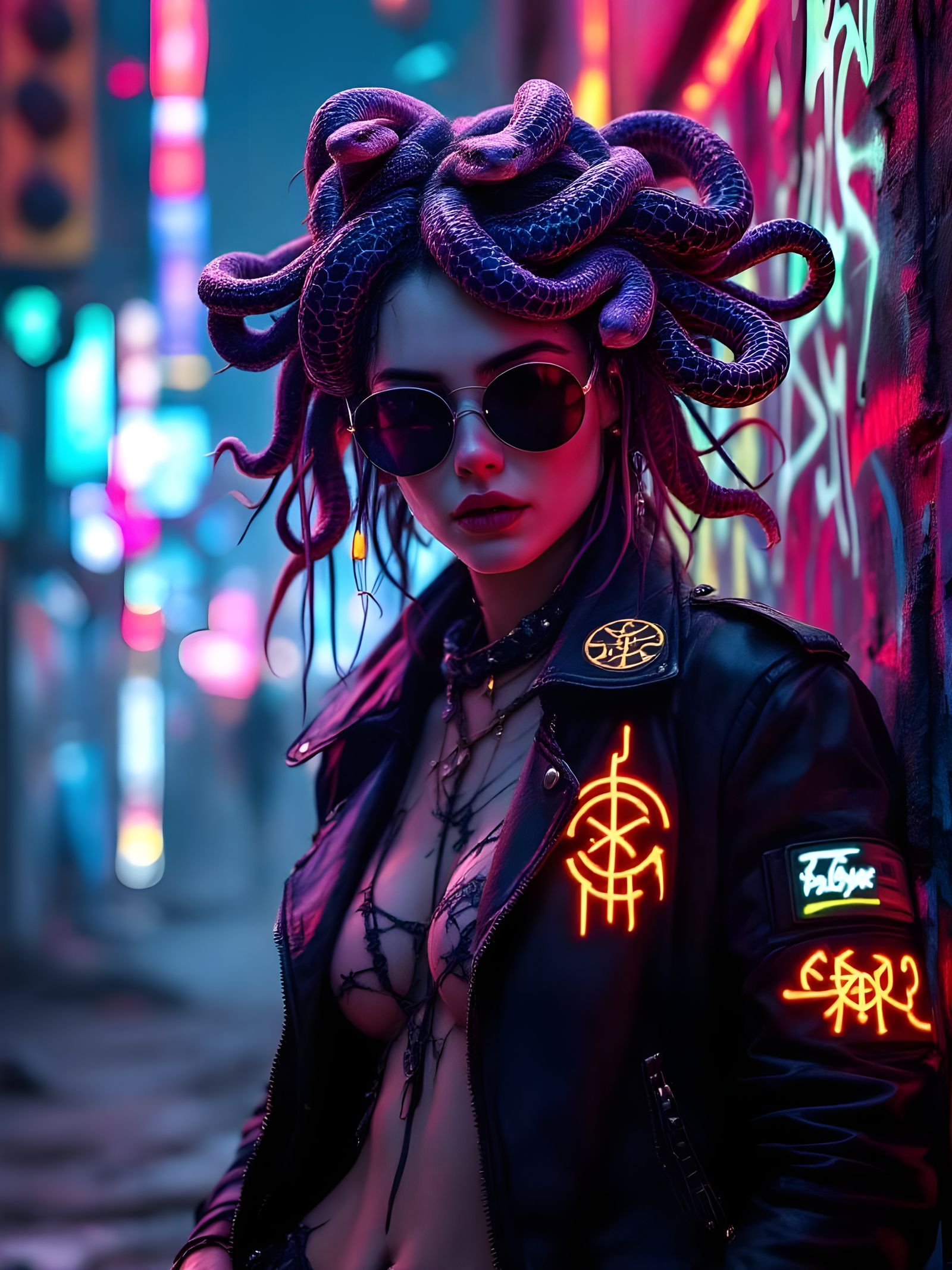 Mythpunk Medusa: Cyberpunk Street Artist in Dystopian City