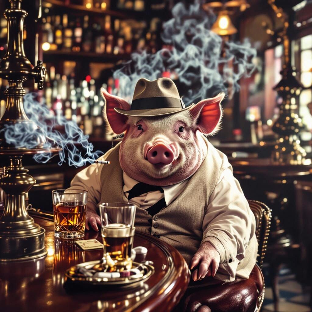 Photorealistic Pig in Fedora Smoking at Vintage Bar