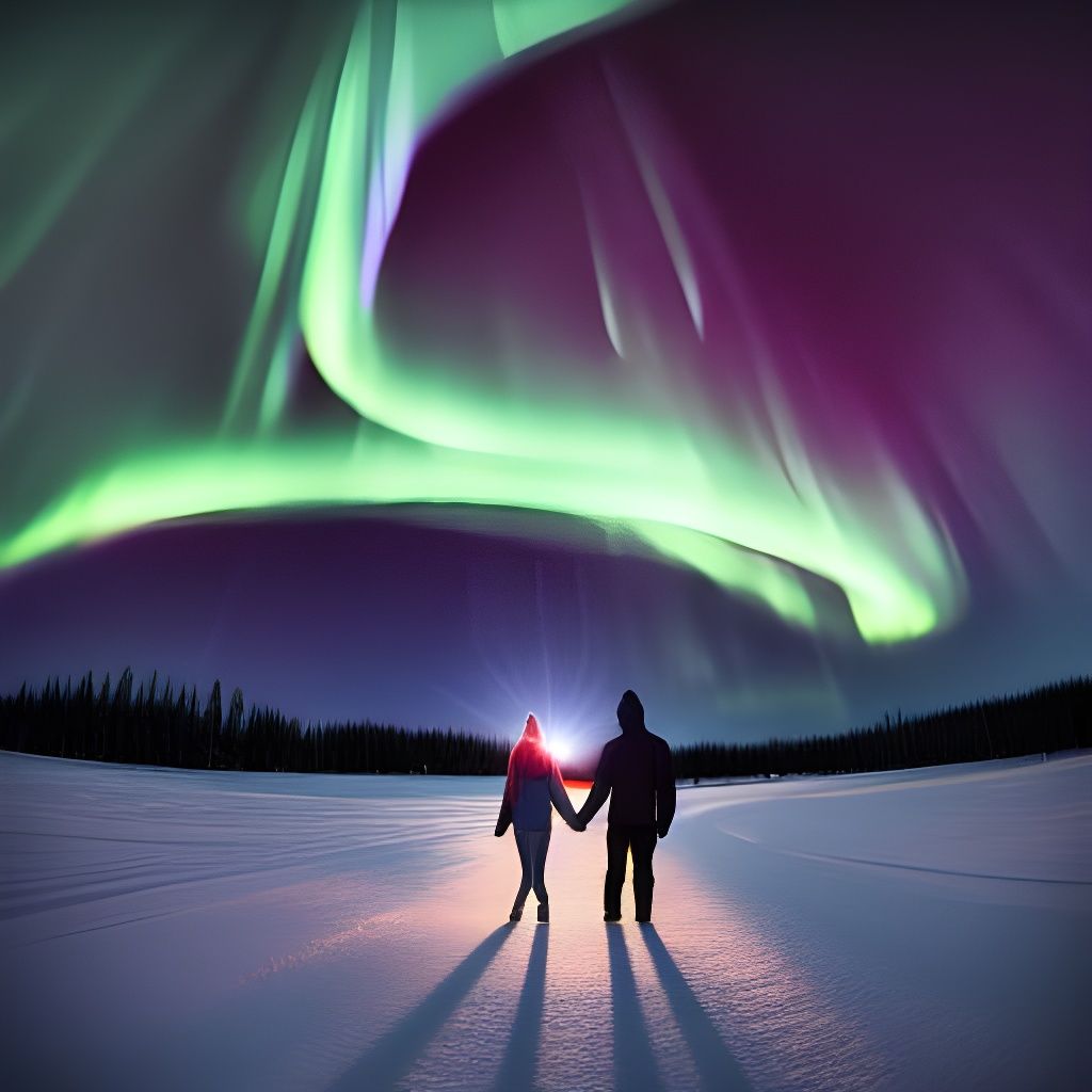 Couple Gazing at Northern Lights in Starry Night Style