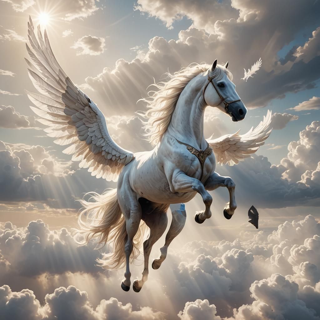 Winged White Horse Soaring Through Sunlit Clouds