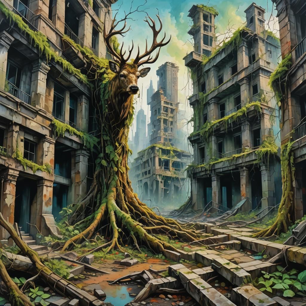 Post-Apocalyptic City Reclaimed by Nature in Oil Painting