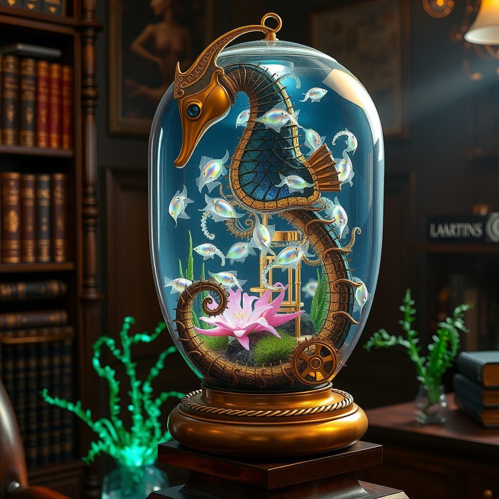 Steampunk Seahorse Aquarium Teeming with Bioluminescent Alie...