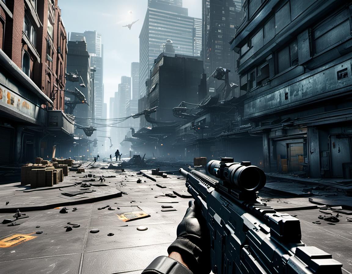 Ultra-Realistic FPS Game Scene with Alien Invasion