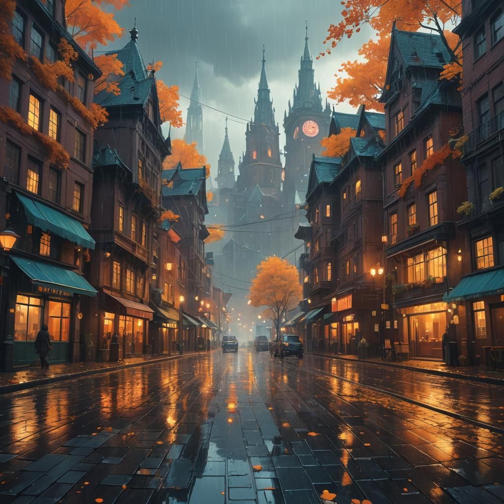 Mystical Cityscape in Autumn Rain, Digital Matte Painting