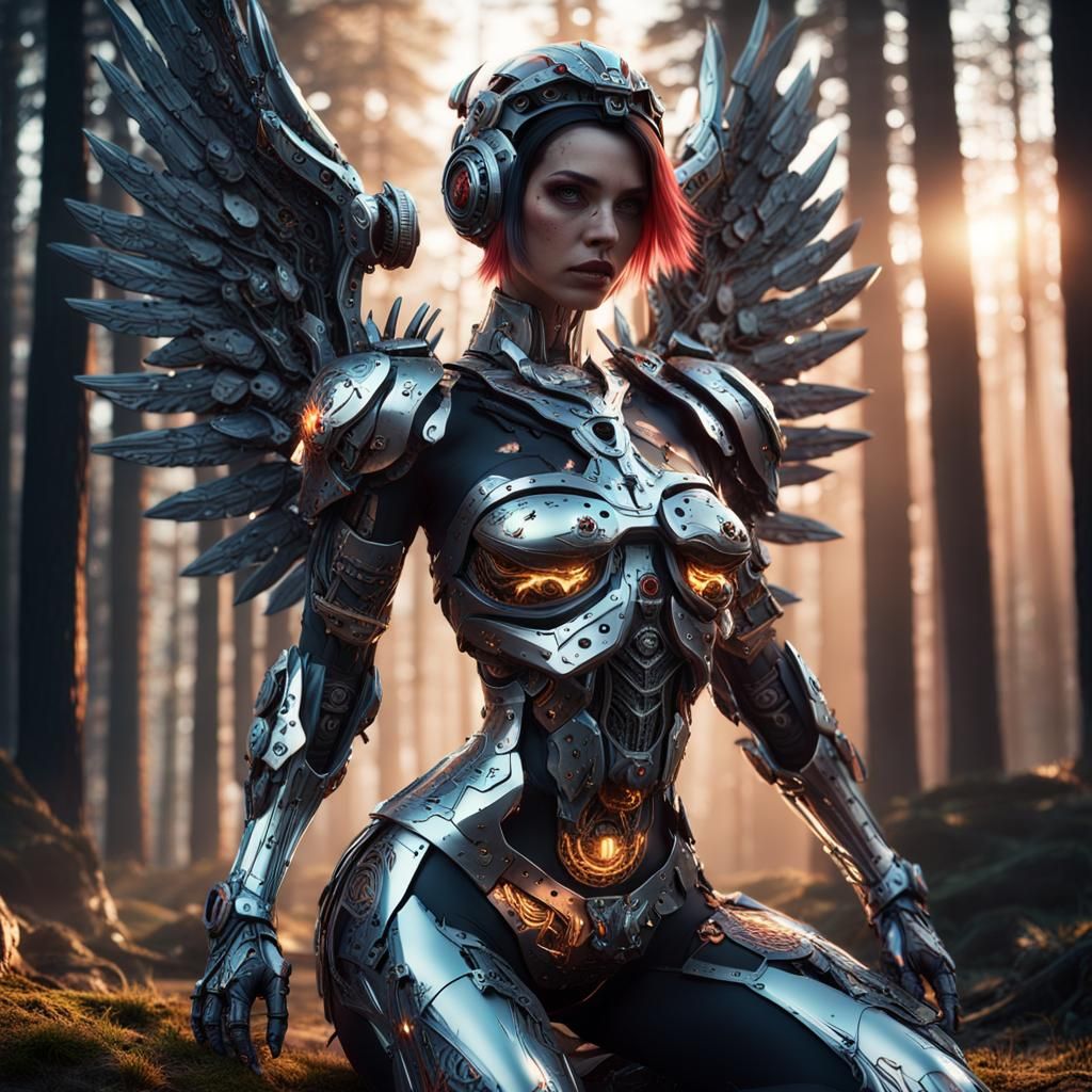Chrome-Crowned Angel of Destruction in Sunrise Forest