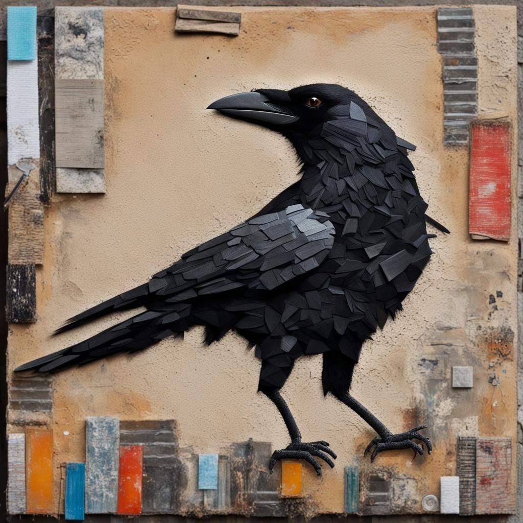 Recycled Material Crow Sculpture on Canvas