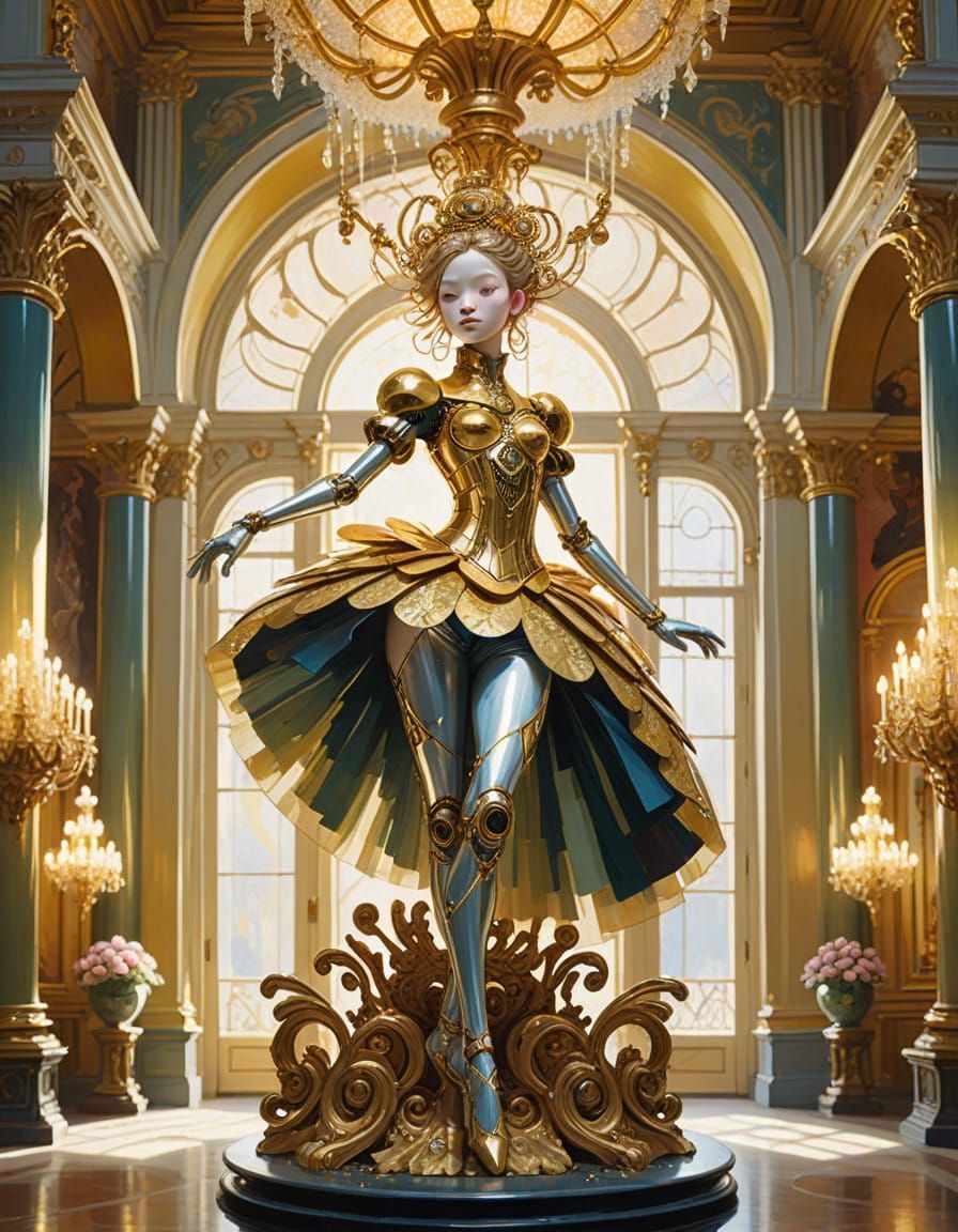 Golden Clockwork Ballerina in Opulent Palace Throne Room