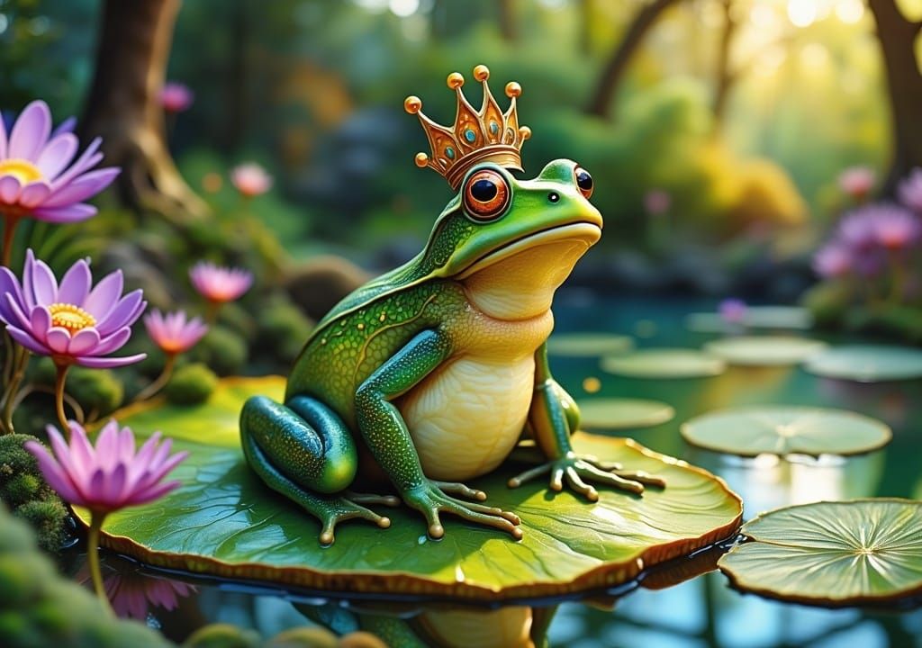 Regal Frog on Lily Pad in Fantasy Pond