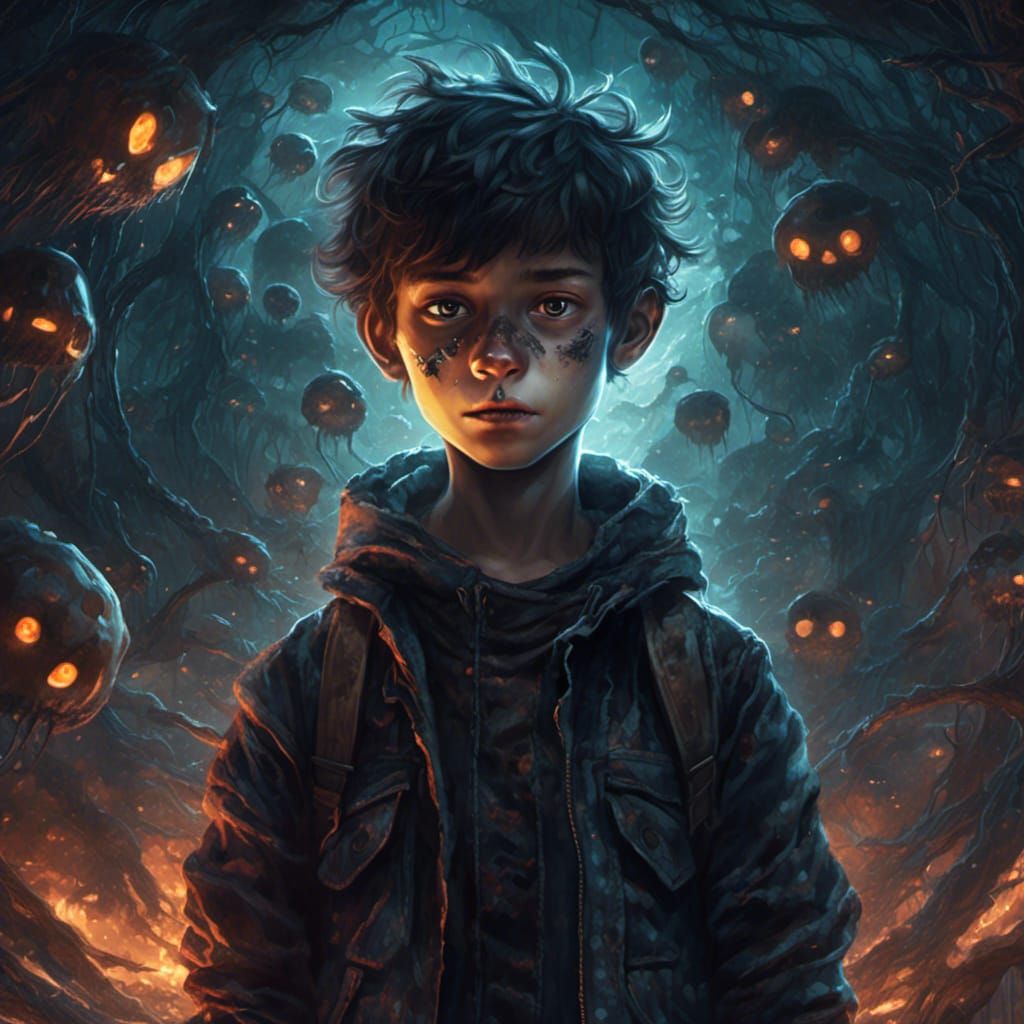 Scary Boy with Glowing Eyes in Hyperreal Style