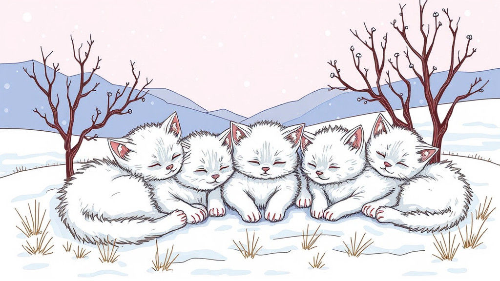 Cute Kittens Sleeping in Winter Doodle Landscape
