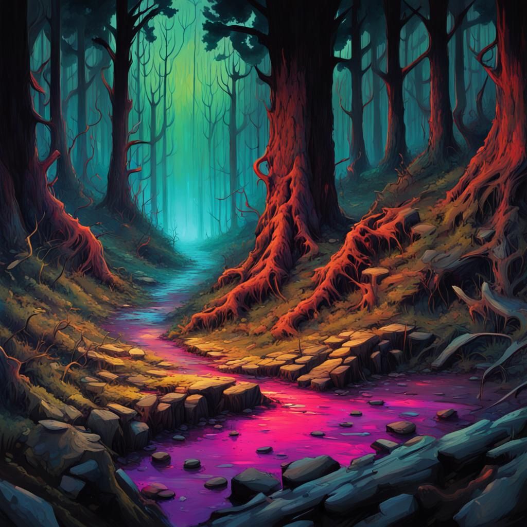 Vengeful Night Forest Scene in Graffiti Art Style